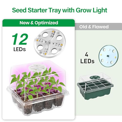 Bonviee 5 Packs Seed Starter Tray with Grow Light, Elevated Seedling Starter Trays Kits with Adjustable Humidity Domes and Clear Cell Tray, 12 Full Spectrum led lamp Beads for Plants Indoor-Clear - color: Clear, size: 5 Packs, with light