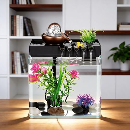Indoor Water Fountain, 5-in-1 Tabletop Waterfall with Fish Tank & Mist Spray Humidifier, Desktop Fountain for Office Decor, Relaxing Small Water Feature for Bedroom Living Room Home
