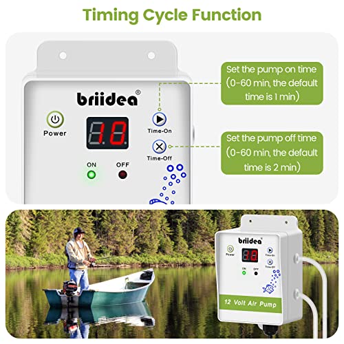 briidea Aerator for Bait Bucket, 12 Volt Livewell Aerator Pump System with Adjustable Pump Timing Cycle Function, Dual Outlet Aerator for Boat Bait Tank and Livewell, Keeps Bait Fish Alive