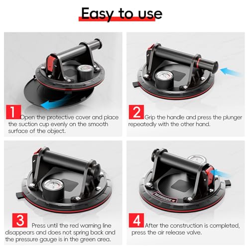 SPECILITE 8" Heavy Duty Glass Suction Cups 2 Pack with Pressure Gauge for Lifting Large Tile, Marble, Windows, 880 lbs Load Capacity, Industrial Vacuum Lifter with Handle, Carrying Case, Gloves, Black - color: Black