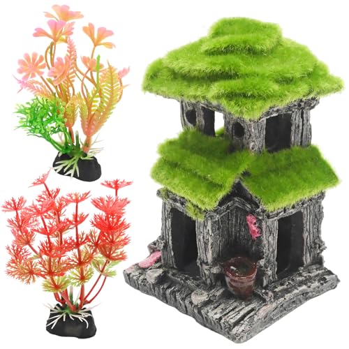 Hoypeyfiy Aquarium Decor Fish House with Simulated Moss, Double Layer Fish Hideout Ornament for Tropical Fish Tanks, Realistic Aquarium Cave Decoration Includes 2 Artificial Plants