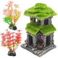 Hoypeyfiy Aquarium Decor Fish House with Simulated Moss, Double Layer Fish Hideout Ornament for Tropical Fish Tanks, Realistic Aquarium Cave Decoration Includes 2 Artificial Plants