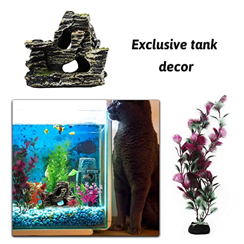 Aquarium Decorations Plants with Rockery View, 25pcs Aquarium Decor Plants and Rock Cave Hideout Ornaments, Fish Tank Accessories, Fish Tank Plants Plastic Decoration for Aquariums