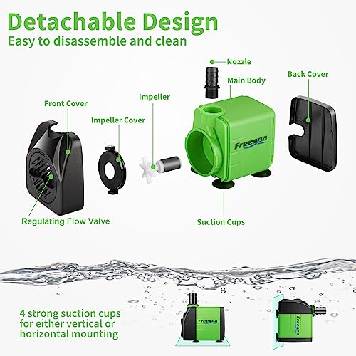 FREESEA Submersible Aquarium Fountain Pump: 400GPH 25W Adjustable Ultra Quiet Small Fish Tank Water Pump with 5ft Tubing for Outdoor | Pond | Hydroponic | Waterfall - size: 25W/400GPH