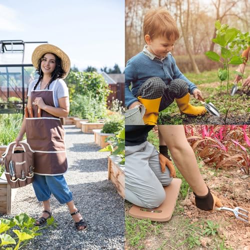 Brown Gardening Tools Set 12-Piece, Garden Hand Tool Kit with Non-Slip Ergonomic Handle, Storage Tote Bag, Garden Apron, Gloves and Kneeling Pad, Gardening Gifts for Women Men Plant Lover - style: Brown