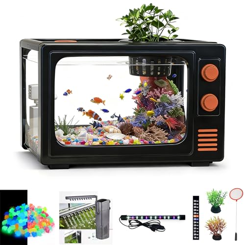 Retro TV Aquarium Kit 4 Gallon Desktop Fish Tank with Filter and LED Light, Mini Aquarium Starter Kit for Betta Fish, Vintage Television Style Decorative Fish Tank for Office Desk Home Decor - color: Black - 4 gallon