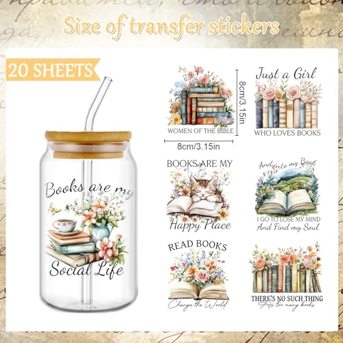 Rngmsi Vintage UV DTF Cup Wrap - 20 Sheets Reading Books UVDTF Decals for 16 oz Glass Cups, Flower Waterproof Bookish Rub on Transfer Stickers for Water Botters, DIY Crafts Book Lover Gift - style: Reading Books
