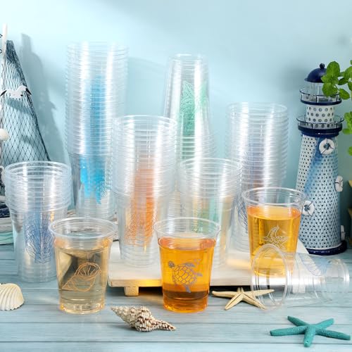 Qinyoung 100 Pcs Ocean Party Disposable Cups 12 oz Clear Plastic Cups with Sea Pattern Ocean Party Supplies for Sea Birthday Decoration Supplies(Seaside) - style: Seaside