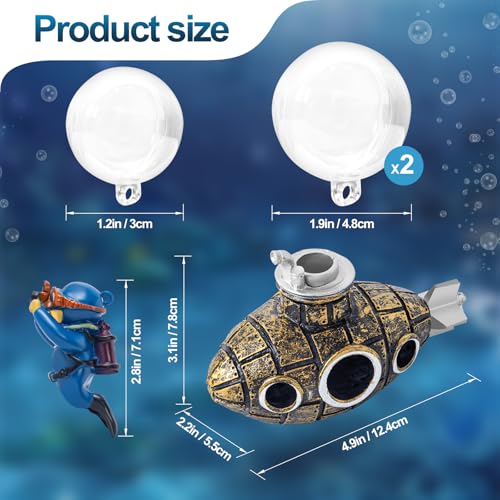 New Upgrade Floating Fish Tank Decoration, Cute Retro Submarine Set and Floating Diver,Three Float Balls, Aquarium Decorations Resinous Betta Fish Tank Accessories - color: Gilding