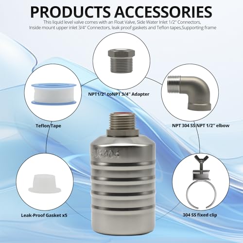 HXH 1 Pack NPT Water Float Valve Kit, 1/2" to 3/4'' Auto Shut off Water Level Control Float Valve, 304 Stainless Steel Fully Automatic water shut off valve for Pool, Livestock Troughs.