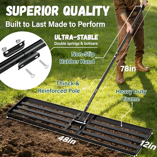 48X12 inch Lawn Leveling Rake,Leveling Rake 78" Long Handle, Yard Level Rake,Heavy Duty Leveling Rakes Suit for Garden,Golf Lawn and Farm,Effort Saving Tool for Soil Grass Golf Field - size: 48x12in