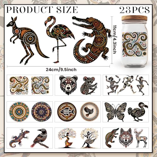 23 Pcs Vintage UV DTF Cup Wraps for 16OZ Glass, 4.3 x 9.4 Inch Butterfly Koala UV DTF Transfer Stickers Indigenous Art Rub on Transfer Decals for Glass Bottle Vase Furniture Crafts - style: Indigenous Art