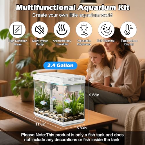 Smart Aquarium Fish Tank with Silent Water Pump, 2.4 Gallon Small Aquarium with Quick Start Kit, Temperature Display, Humidifier and RGB Lights, Perfect for Home, Office, and Decor, White - color: 2.4 Gallon-White