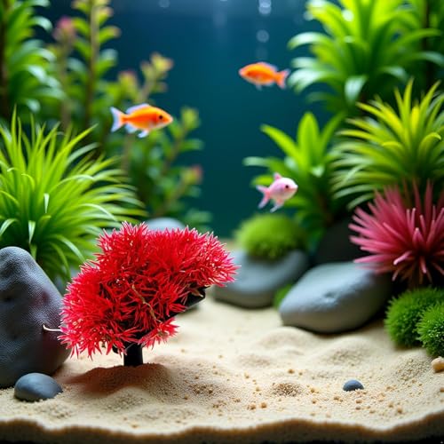 Red Artificial Flowers, Fake Flowers, Artificial Pine with Base Grass Fish Tank Ornament Aquatic Plant Landscape Decor, Aquarium Décor Plastic Plants