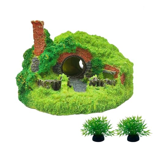 Tfwadmx Fish Tank Hobbit Decorations,Resin Small Fish Cave Hideout House,Aquarium Decor Hide Hole Shelter Castle Ornaments Mini Garden Decorating Accessories - color: Green-5.7 X 5.3 X 3.3 Inches