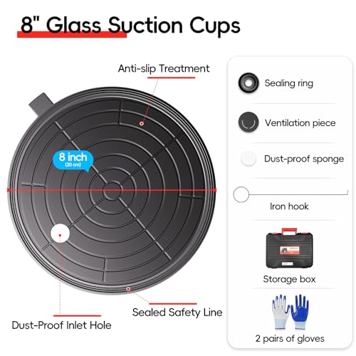 SPECILITE 8" Heavy Duty Glass Suction Cups 2 Pack with Pressure Gauge for Lifting Large Tile, Marble, Windows, 880 lbs Load Capacity, Industrial Vacuum Lifter with Handle, Carrying Case, Gloves, Black - color: Black