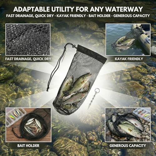 32" Collapsible Fishing Keep Net with Ground Spike, Portable Mesh Bag for Caught Fish, Heavy Duty Basket & Bait Holder, Red de Pesca for Kayak or Ice Fishing Livewell, Small Lobster Catching Net