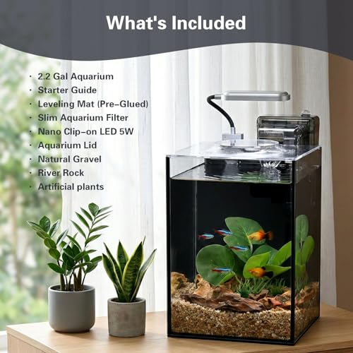 2.2 Gallon Small Aquarium Set Glass Fish Tank,Desktop Small Aquarium Kit for Beginners and Children to Keep Betta Fish, Goldfish, Shrimp, and Aquatic Plants (Black, 2.2 Gallon (Complete Kit)) - size: 2.2 Gallon (Complete Kit)