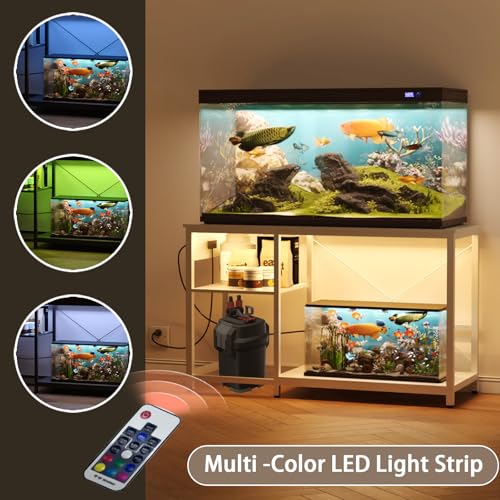 BEURUKU 55-75 Gallon Fish Tank Stand with Power Outlet & LED Light, Metal Aquarium Stand with 3 Tier Adjustable Storage Shelves, Tank Stand for Reptile Tank, Turtle Tank, 52" L*19.5" W, White - color: White, size: 55-75 Gallon
