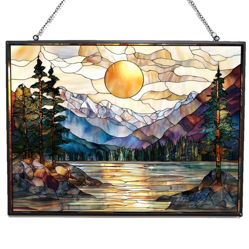 Rectangle Sunset Mountains Lake Tree Stained Glass Sun Catcher Mountain Stained Glass Window Hanging, Suncatchers Lavender Wall Decor, for Women/Friends/Lover - color: Sunset Mountains Lake Tree, size: 9.4x7.1 IN