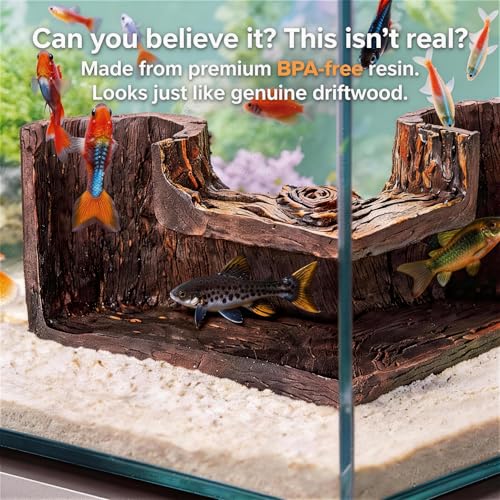 Aquarium Cave - Natural Resin Wood-Like Fish Tank Decorations & Accessories, 5.1" x 2" x 2.7" Safe Betta Hide & Tunnel for Guppy, Neon Tetra, Corydoras Catfish - Stackable Corner Ornament - color: Dark Brown
