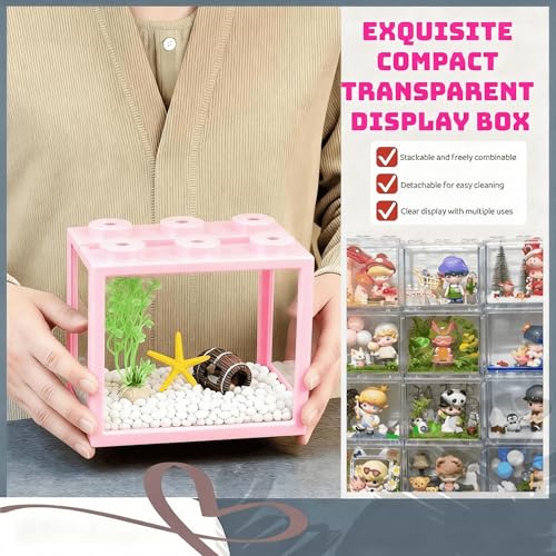 Small Betta Fish Tank, Stackable Mini Fish Tank Tiny Aquarium Tank Kit with Aquarium Gravel & Resin Decorations, 0.6 Gallon Cube Desktop Fishbowl for Snails, Crabs, Starfish (Pink) - color: Pink