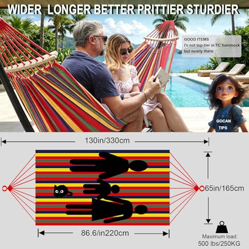 GOCAN Double Hammock 2 Person Extra Large 220x160cm Total Length 330cm Load 500lb Canvas Cotton Hammock for Patio Porch Garden Backyard Lounging Outdoor and Indoor with Removable Spreader bar - color: Red Stripe