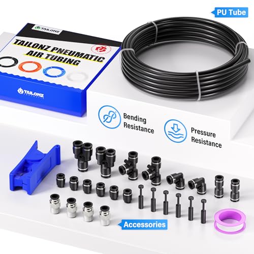 TAILONZ PNEUMATIC Black 1/4 Inch OD 10 Meter 32.8ft PU Polyurethane Air Tubing Kit Pipe Hose Air Line Tubing Air Hose Fittings Push to Connect Fittings(27PCS) - color: Black, size: 1/4" OD - 32.8 FT