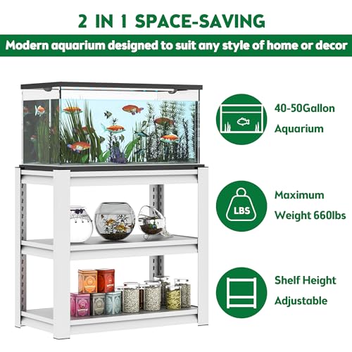 White 31.5 "L x 18 "W x 34"H 40-50 Gallon Fish Tank Stand, Metal Aquarium Stand with Accessories Storage,Aquarium Stand with Plant Shelf, Shelf Fish Tank Stand for Fish Tank Accessories Storage
