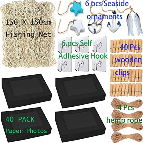Fishing Net with Black 40 PACK Frames Paper Photo Hanging Display Board 10x15cm Wall Decoration, Pictures Decor for Birthday Party Family School, with Clips and Hemp Rope Set Fit 6x4 inch