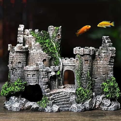 Ancient Castle Ruins Aquarium Ornament, Resin Fish Tank Decoration with Moss Accents, Hidden Cave Shelter for Betta Fish, Breeding & Hiding Habitat Decor, Black