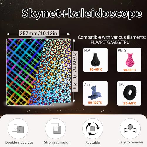 New Upgraded Build Plate for Bambu Lab X2D/A1/X1C/X1/X1E/P1P/P1S/P2S Build Plate 3D Printer, Smooth Kaleidoscope+Smooth Skynet Spring Steel Plate Flexible Plate 257x257mm for Bambu 3D Printers - color: H5H(Kaleidoscope+Skynet), size: For X2D/P2S/ X1/X1C/X