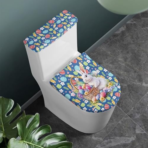 Easter Toilet Lid Seat Cover Set of 2, Egg Rabbit Carrot Bathroom Toilet Lid Cover and Toilet Tank Lid Cover, Stretch Polyster Fabric Toilet Cover Protector, Fits Most Toilet Tanks and Lids - color: Easter Egg Rabbit Carrot