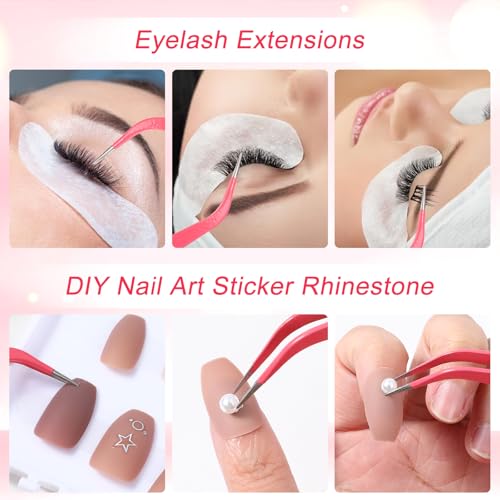 10 Pieces Tweezers for Crafting, Stainless Steel Curved Pointed Tweezers Precision Tweezer with Protective Cover for Eyelash Extensions Stickers Rhinestones Crafts (Rose Red) - color: Pink
