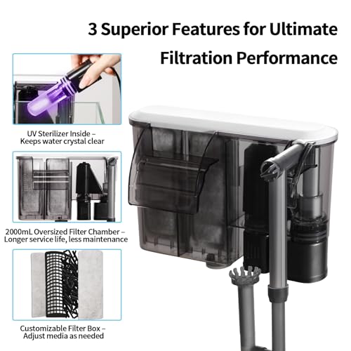 U3 Aquarium Filter with Built-in UV Sterilizer for Green Water Control,Extra-Large Filter Chamber,Anti-Splash High Walls & Extended Adjustable Intake Pipe for 30-75 Gallon Fish Tanks