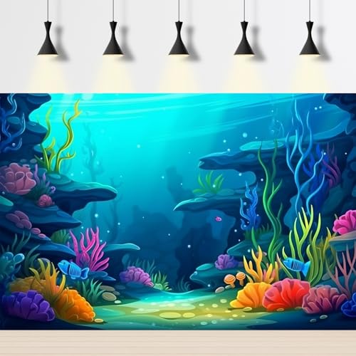 Under The Sea Aquarium Background Cartoon Underwater Scene Coral Reef Terrarium Background Tropical Aquatic Plants Natural Ocean Underwater with Sunbeams Seascape Theme Fish Tank Backdrop 24x12in - color: Cartoon Blue, size: 24(W)x12(H)in