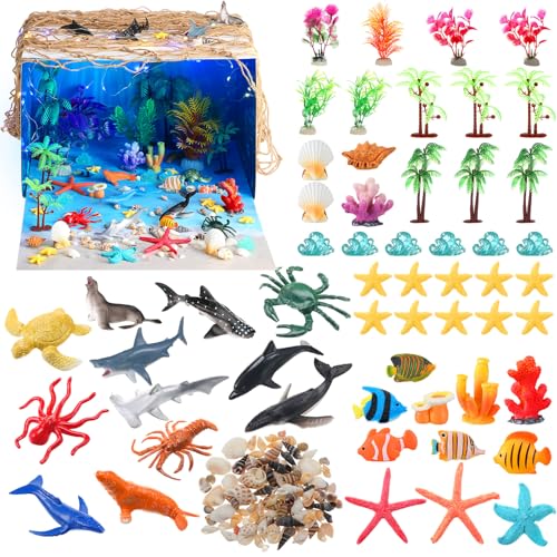 Teyva Daily 60 Pcs Ocean Diorama Kit Habitat Project Box Set Ocean Diorama Supplies Include Sea Animal Figures Artificial Coral Artificial Trees Sea Grass with Cardboard for DIY Craft Gifts - color: Sea
