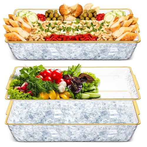 Baderke 2 Set 16" x 9" Plastic Chilled Serving Tray for Parties with Compartments Ice Chilled Party Platter Charcuterie Serving Board Cold Dish Dip for Fruit Seafood Vegetable Appetizer (Gold Rim) - color: Gold Rim