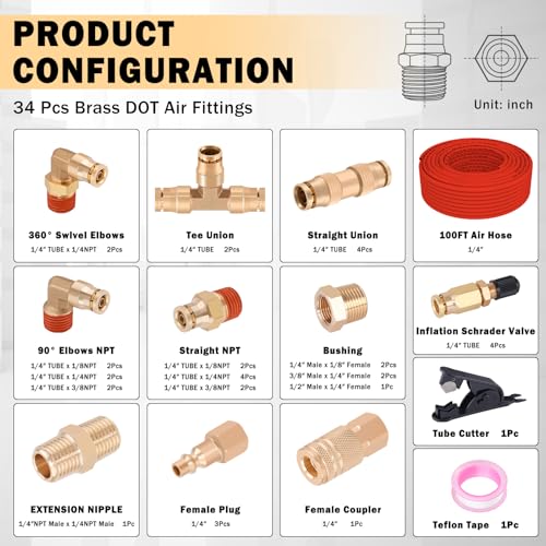 CheeMuii 100 FT 1/4" DOT Air Line with 34 Pcs Brass DOT Air Line Fittings Kit 30.5 Meter 1/4 Red Air Lines Service Kit with Push Lock Air Fitting Air Coupler & Plug Kit - color: red & gold, size: 1/4"100ft-37pcs