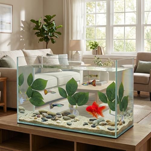 3 PCS Fish Leaf Pad Fish Tank Accessories, Adjustable Plastic Fish Leaf Pad, Betta Fish Leaves Natural Habitat Playing for Betta, Guppy, Tropical Fish Resting, Playing, Breeding with Suction Cup