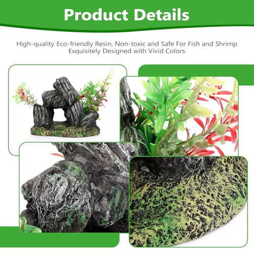 Stone with Plants Aquarium Decoration Resin-Mountain View Stone Ornament with Large Swim-Through Holes-Approx. 6.9" L x 5.1" W x 5.1" H(Stone&Plants) - color: Stone&plants