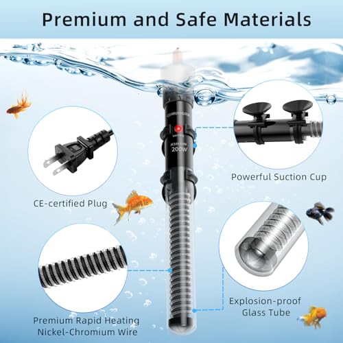 HiTauing Aquarium Heater 25W/50W/100W/200W/300W, Adjustable Knob Fish Tank Heater with Digital Thermometer, Submersible Betta/Turtle Tank Heater for Freshwater and Saltwater Tanks - size: 200W for 30-50 gallon