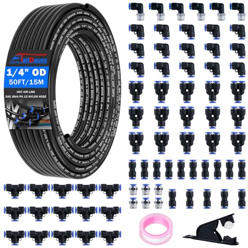 1/4" Air Line Tubing Kit, 50 FT(15M) DOT Air Line PA Nylon Tubing with Push to Connect Fittings, 1/4 Inch OD Quick Connect Air Hose Kit for Compressor Accessories System (75 Pcs)