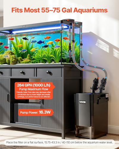 VEVOR 264GPH Canister Filter, 2-Stage External Aquarium Filter with Powerful Pump, Quite Water Circulation Cleaning Machine with Media for Fish Tanks and Aquariums Up to 75 Gallons, for Freshwater - size: 264GPH