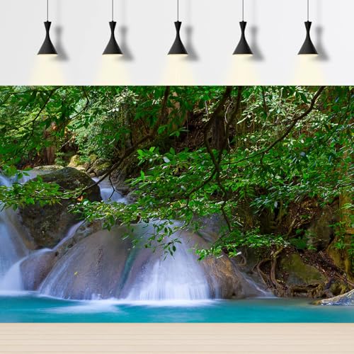 Waterfall Aquarium Background Jungle Forest Stream Fish Tank Background Rock Falls Green Trees Reptile Tank Backgrounds Natural Waterfall Forest Landscape Aquarium Backgrounds Wallpaper 24x12in - color: Dark_Green, size: 24(W)x12(H)inches/ 60(W)*30cm(H)