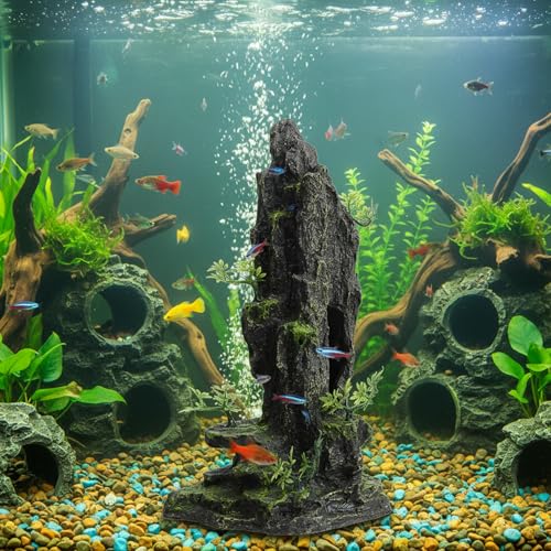 14.4" Tall Aquarium Cave Decor, Large Resin Mountain Hideout with Artificial Plants, Rock Shelter for Betta & Cichlid, Landscape Ornament for 20-40 Gallon Freshwater & Saltwater Tank