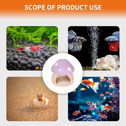 Ceramic Fish Tank Decor, Cute Mushroom House Aquarium Decorations, Betta Tank Accessory Hideout Caves Ornament for Small Fish Goldfish Shrimp Toad Reptiles (Purple)