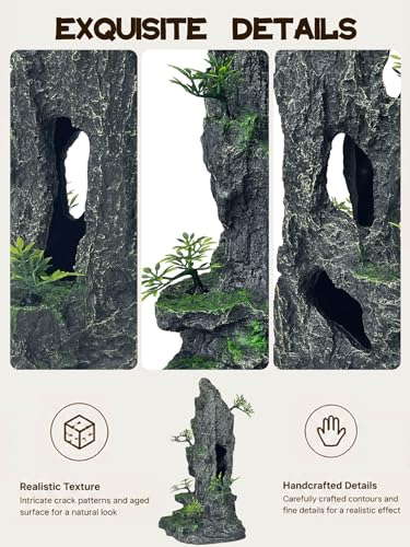 Aquarium Decor - Tall and Large Mountain Rock Ornament for Fish Tank, Aquarium Hideout with Rock Texture for Betta, Guppy, Shrimp - Safe Aquatic Decoration, Fish Hiding House（Black） - color: Tall Peak Rock - Black