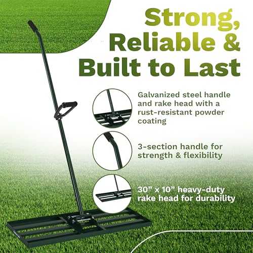 Lawn Leveling Rake 30x10 inch, Anti Flip - Heavy Duty Leveling Tool, Steel Handle, and Rake Head– Includes Gloves, Planting Mat, and Garden Shears – Yard Leveler for Lawn Garden, Soil, Sand, and Grass