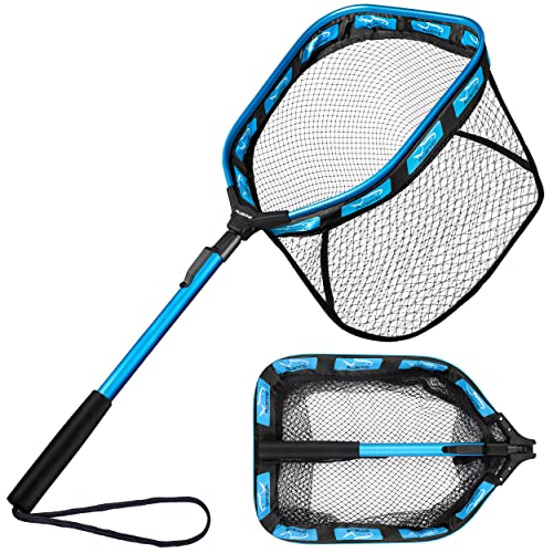PLUSINNO Floating Fishing Net for Steelhead, Salmon, Fly, Kayak, Catfish, Bass, Trout Fishing, Rubber Coated Foldable Landing Net with Fixed or Telescoping Pole Handle, Fishing Gear and Gifts for Men - color: 11.8"/30cm Hoop Size 0.8M Blue Pole (Fixed Pol